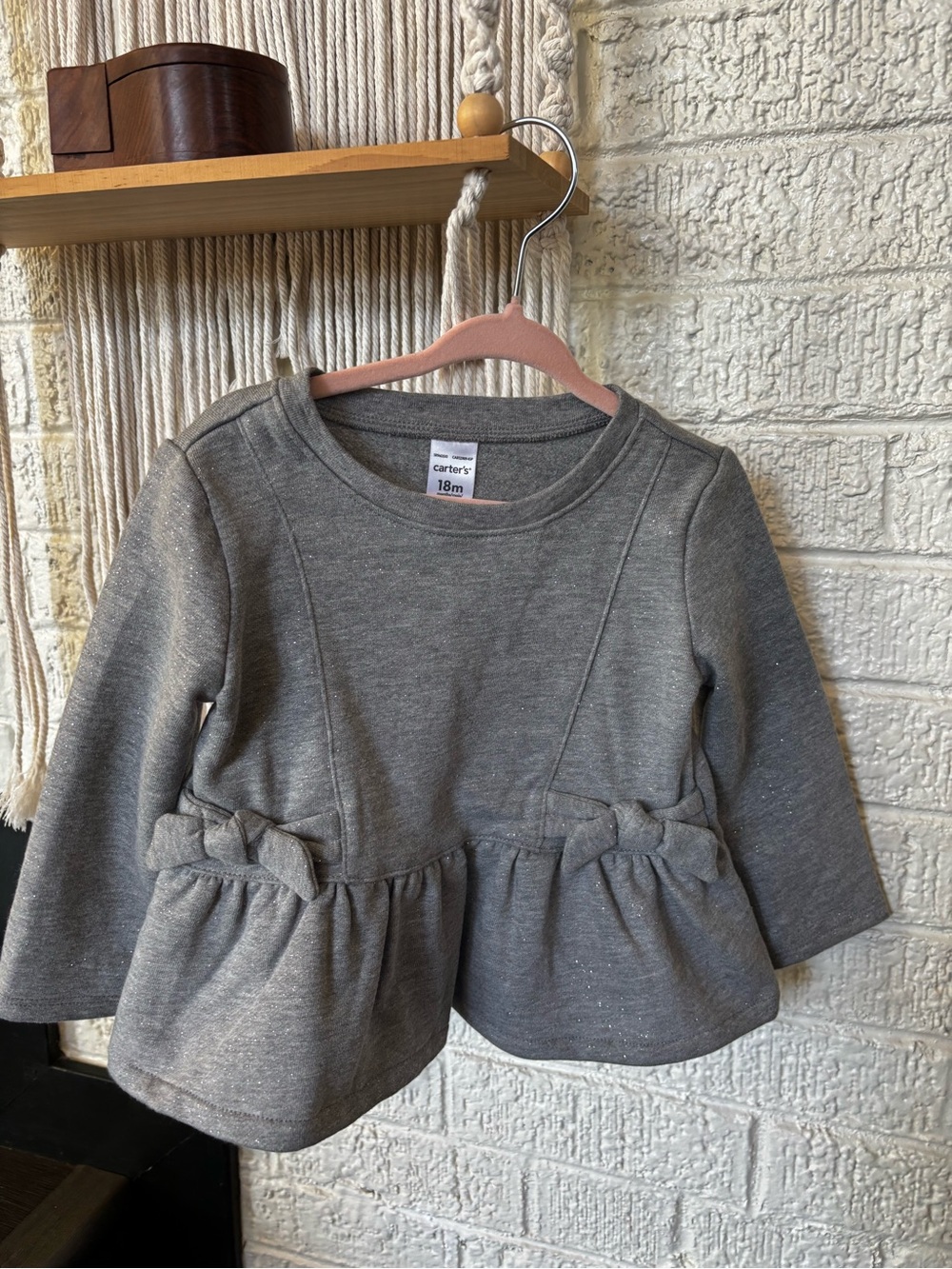 Carter's Silver-Gray Sparkle Peplum Bow Long-Sleeve Top